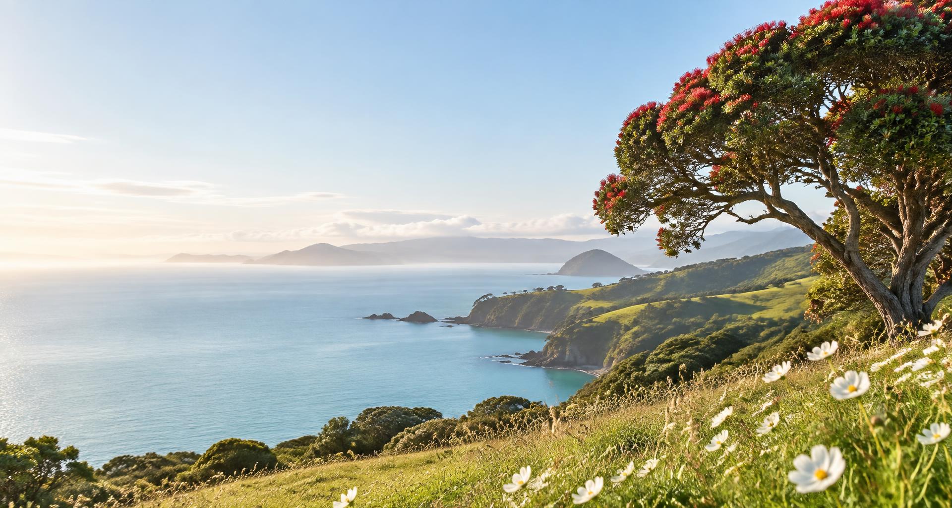 Pōhutukawa above a peaceful New Zealand coastline and flowering meadow