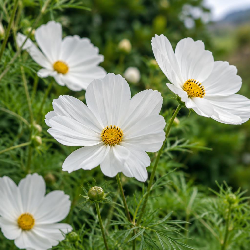 Delicate white cosmos flowers in a sunlit garden